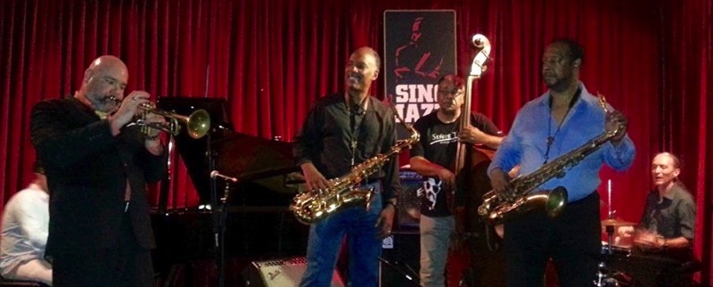 Mark Kelly on trumpet, Don Braden on saxophone, Christy Smith on bass, Eric Wyatt on saxophone and Eddie Layman on drums, September 23rd, 2015, Singjazz Club, Singapore.