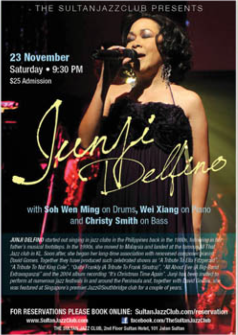 November 23rd, 2013 Sultan Jazz Club
Featuring
Junji Delfino - Vocals
Wei Xiang - piano
Wen - drums
Christy Smith - Bass