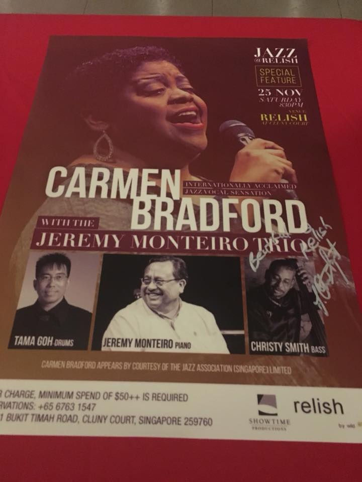 Nov 25th, 2017. Birthday Weekend with family and friends. Performing with the most amazing , incredible Carmen Bradford, Jeremy Monteiro, Tamagoh YS, Andrew Lim guesting.  Beautiful audience at Relish Cluny Court, Singapore. This caps my birthday weekend as I will continue to celebrate. Very thankful for a wonderful night and to have Carmen to warm my soul (and the souls of many ).
